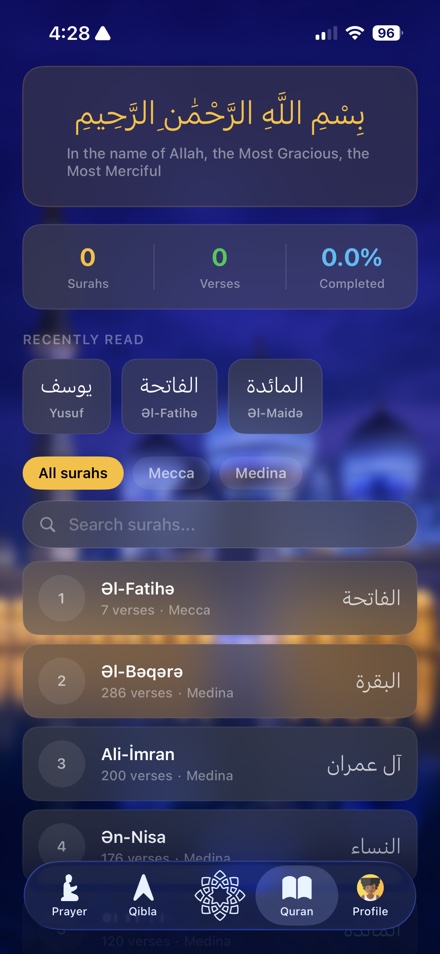 Quran reading view with Arabic text and surah list