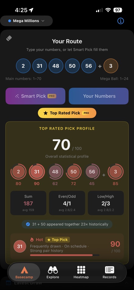 Your Route screen scoring a six-number pick out of 100